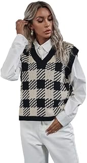 SheIn Women's V Neck Argyle Sweater Vest Plaid Sleeveless Knitwear Tank Top