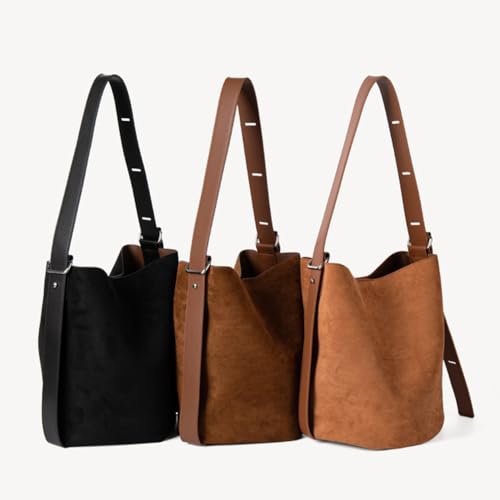 Faux Suede Shoulder Tote Bag Bucket Purse Handbags for Women, Black Brown Suede Totes Crossbody Bags for Work2