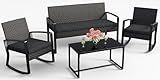 Ahomly 4 Piece Patio Furniture Set, Outdoor Wicker Patio Furniture with Glass Coffee Table, Modern Rattan Rocking Chairs Conversation Set, for Porch, Garden, Lawn (Black)