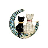Rhinestone Couple Cats on the Moon Brooch Pin for Women Men Vintage Lapel Pins Funny Statement Cute Kitty Crystal Turquoise Animal Kitten Crescent Brooches Christmas Birthday Jewelry Gift Unisex