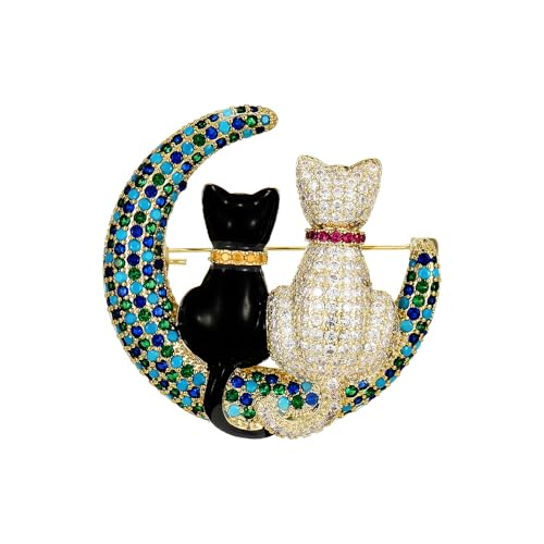 Image of Rhinestone Couple Cats on the Moon Brooch Pin for Women Men Vintage Lapel Pins Funny Statement Cute Kitty Crystal Turquoise Animal Kitten Crescent Brooches Christmas Birthday Jewelry Gift Unisex