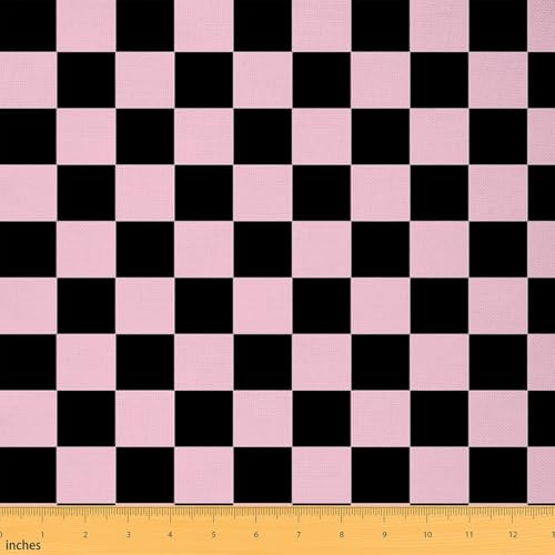 Checkered Fabric Teen Women Men Pink Black Plaid Upholstery Fabric for Chairs Sofa Couch Boys Cute Retro Checkerboard Geometric Vintage for Home DIY Projects, Waterproof Decor Polyester, 1 Yard