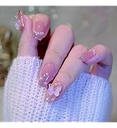 Pink Press on Nails Medium Coffin Fake Nails Glossy Stick on Nails Cute Pearl Artificial Acrylic ...
