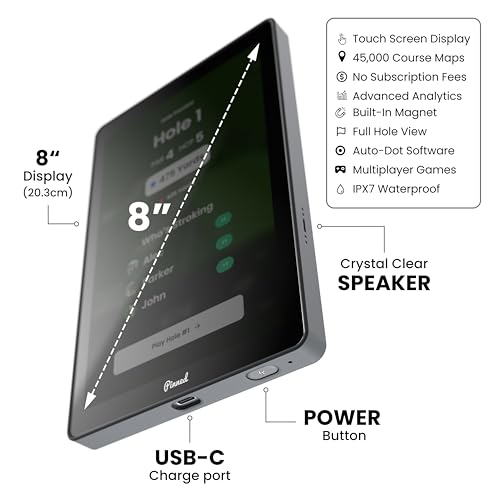 Pinned Golf The Caddie Tragbares Golf-GPS-Gerät, Sonnenlicht-lesbarer 8-Zoll-Bildschirm, 45.000+ Golfplätze, wasserdicht, Touchscreen-Golf-GPS-Handgerät mit fortschrittlicher Analyse, Keine Gebühren