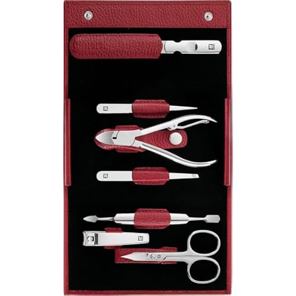 ZWILLING Zestaw do manicure (7 części, zestaw do pedicure, etui podróżne, pielęgnacja paznokci, skóra naturalna), polerowana stal nierdzewna, czerwony