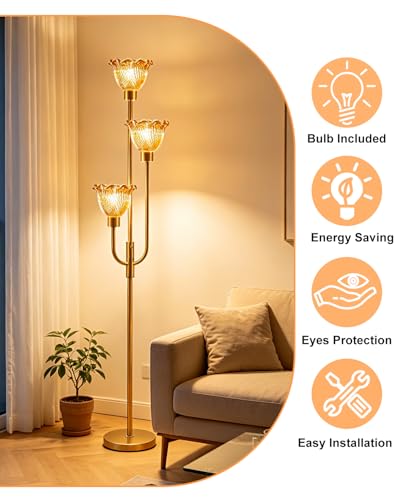 Image of Lightdot 3-Lights Glass Floor Lamp 66IN Modern Gold Dimmable Floor Lamps with 3000K Warm White Bulbs for Wedding Party Tall Standing Lamp with Amber Glass Shade for Living Room /Bedroom /Home Decor