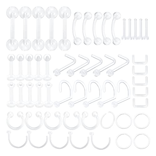 LOKFF 55PCS Clear Piercing Retainers Bioflex Nose Tongue Rings Eyebrow Lip Nose Studs Cartilage Tragus Earring Retainer Plastic Piercing Jewelry For Surgery