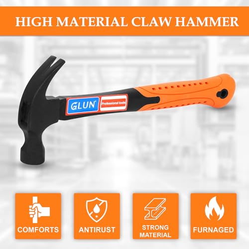Image of GLUN Claw Hammer, Fiberglass Mallet with Comfort Grip Handle, Camping Long Claw Hammer, Stubby Tack Hammer for Driving