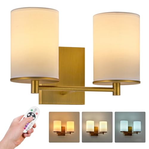 Image of Battery Operated Double Wall Sconce,Rechargeable Battery Powered Vanity Lights,Cordless No Wiring Dimmable Double Sconce with Remote Control for Bedroom Living Room