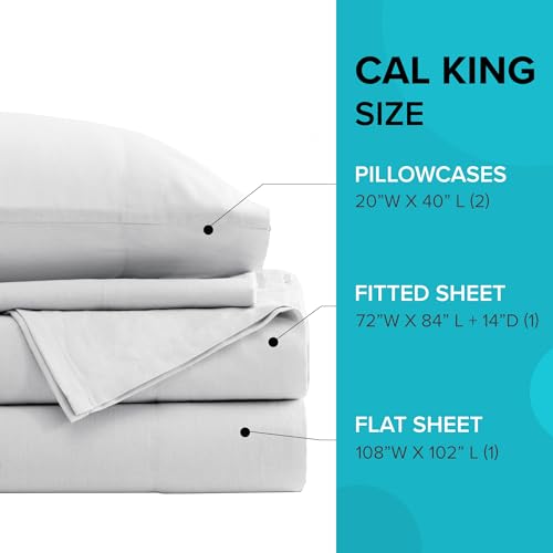 Comfort Spaces 100% Cotton Sheet Set Breathable, Lightweight, Soft with 14" Elastic Pocket Fits up to 16" Mattress, All Season Cozy Bedding, Matching Pillow Case, Cal King White 4 Piece