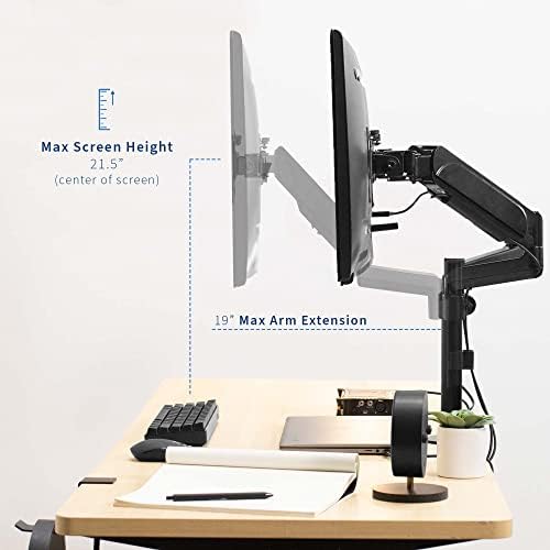 VIVO Dual Monitor Arm Mount for 17 to 32 inch Screens - Pneumatic Height Adjustment, Full Articulating Tilt, Swivel, Heavy Duty VESA Stand with Desk C-clamp and Grommet Option STAND-V002K