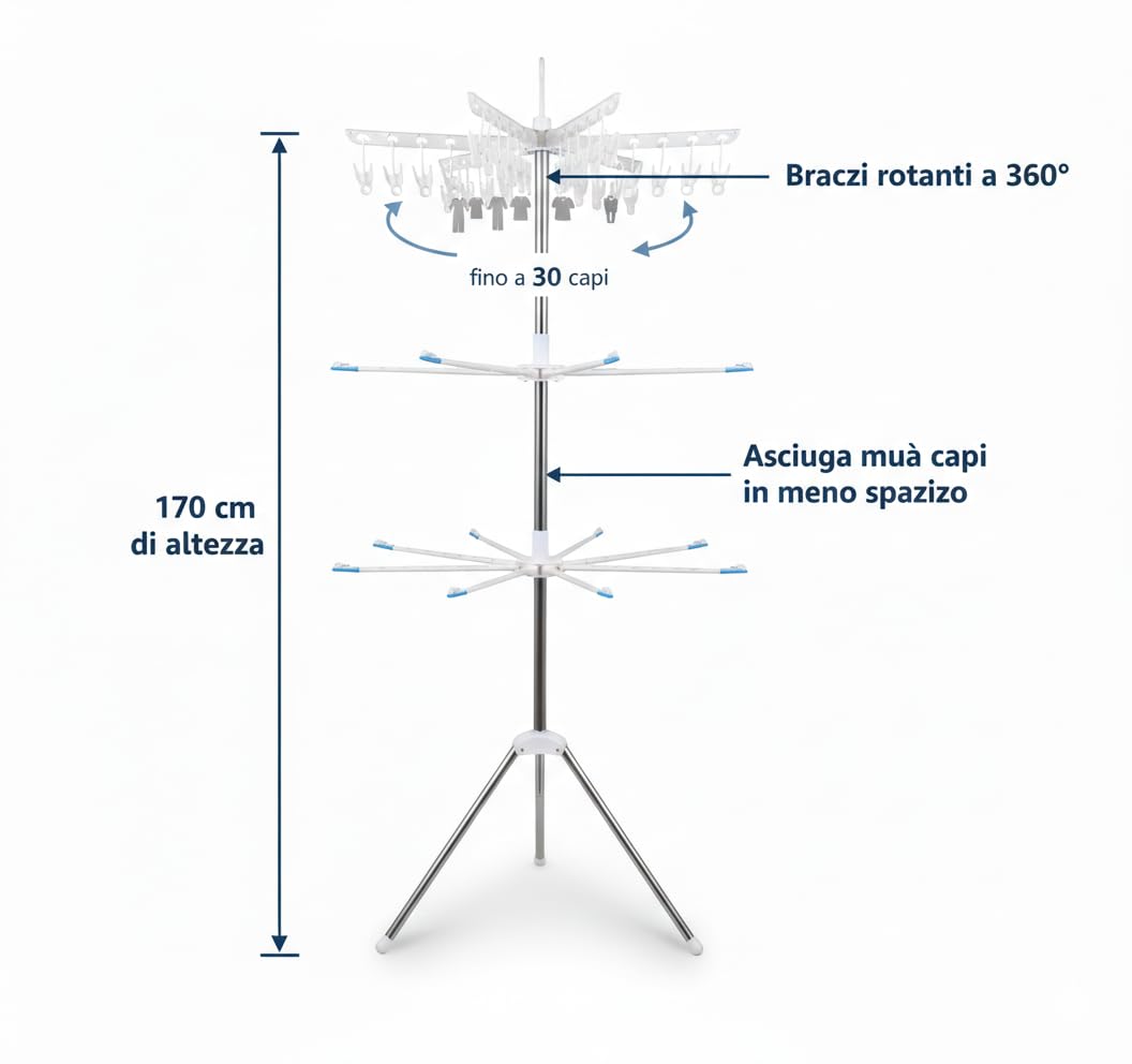 Generico Stendibiancheria Verticale Salvaspazio 170 cm – Stendino a Torre con Bracci Rotanti 360°, Pieghevole, per Interni ed Esterni, Base Stabile a Treppiede