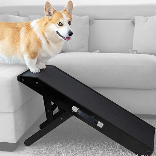 Hunderampe - Hundetreppe für kleine Hunde und große Hunde - Einstellbar 18-53 cm - Für Bett Sofa - Birkenholz - Landeplattform schließt nahtlos an - Rampe Hund Klappbar - Anti-rutsch Einsatz Schwarz