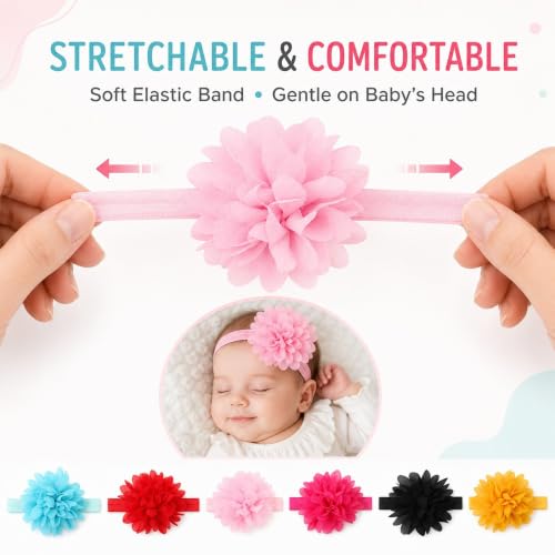 Image of Babymoon Set of 6 | Plain Flowers Soft Synthetic Hairbands for Baby Girls, Infants and Toddlers Headbands | Multi