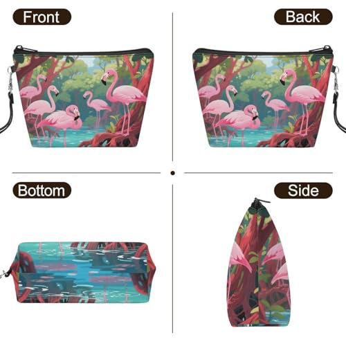 Bolsa de maquillaje de piel sintética con flamencos, ideal para organizar cosméticos en tus viajes 3