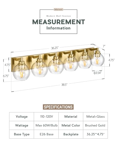 Image of Bathroom Light Fixtures, 6 Light Brushed Gold Vanity Light, 38 Inch Modern Wall Sconces with Globe Clear Glass Shade, Vanity Lighting Fixtures Over Mirror, VL195-BG-6