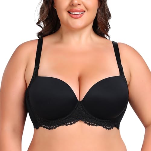 SXQCKJ Women's Sexy Plus Size Luxury Lift Underwire Bra, Push Up Balconette Tshirt Bra Lingerie(34C) Black