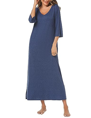 Uniexcosm Long Nightdress for Women Nightgowns 3/4 Sleeve Cotton Nighties Baggy Ladies Nightshirts with Pockets Plus Size Sleep Dress Nightwear Loungewear Sleepwear S-XXL Blue