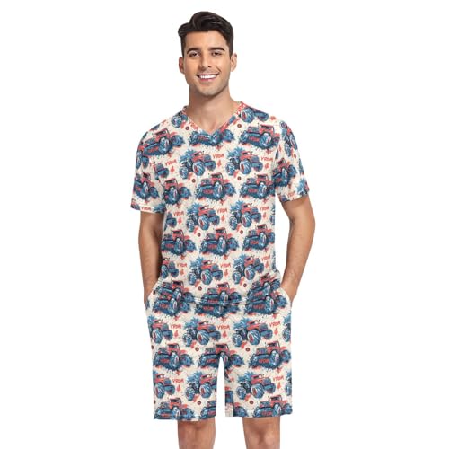 Monster Truck Men’s Pajama Sets Short Sleeve Lounge Wear with Elastic Waistband and Drawstring