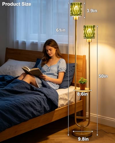 Image of Lightdot 2-Lights Modern Glass Floor Lamp with Shelf Gold Standing Tall Lamps with Green Glass Shade for Wedding /Party,LED Floor Lamp with Foot Switch for Living Room Bedroom Home Decor