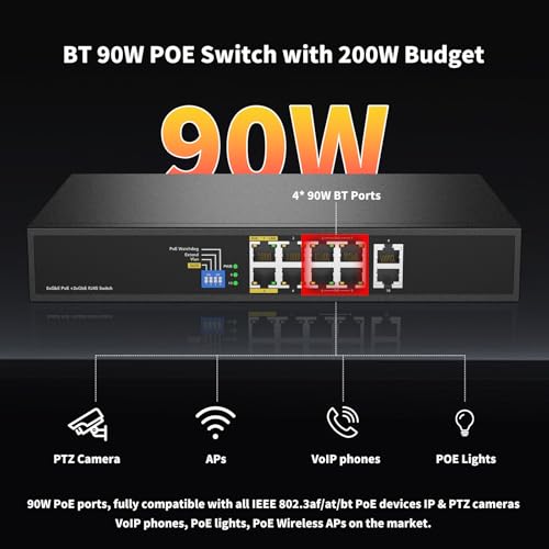 Image of 8 Port Full Gigabit PoE++ Switch, 4 BT 90W & 4 AT 30W Ports, 2 Gigabit Uplink, Total Budget 200W, 802.3af /at /bt Compliant, Compatible with PTZ PoE IP Cameras, VOIP Phones, AP, PoE Light