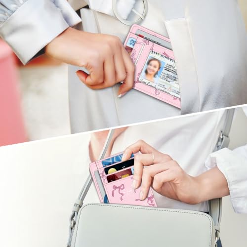 Image of FINTIE Slim Minimalist Front Pocket Wallet, RFID Blocking Credit Card Holder Card Cases with ID Window for Men Women (Pink Bow)