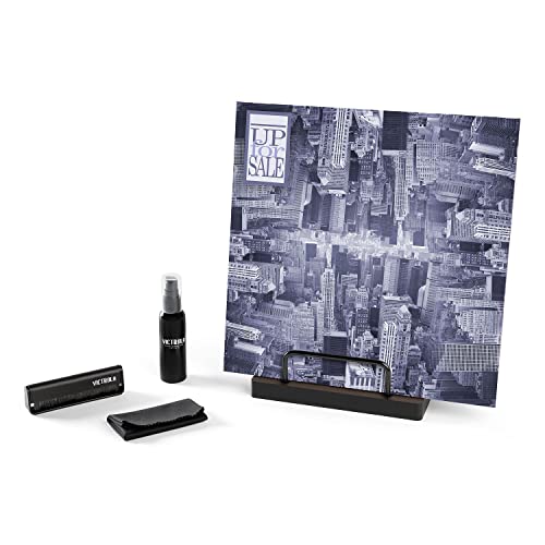 Image of Victrola 'The Kit' - A Vinyl Record Cleaning Kit, Doubles as a Record Stand, Includes Anti-Static Brush, Cleaning Solution, Cloth, Espresso Wood Finish Stand with Smart Black Metal Accents
