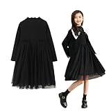 [HOLRAFAN] 子供服 キッズ フォーマル ワンピース 黒 グレー 長袖 ワンピース ガールズ 女児 無地 女の子 入学式 卒園式 ロングワンピース 通園 ピアノ発表会 通学 冠婚葬祭(A/黒 150)