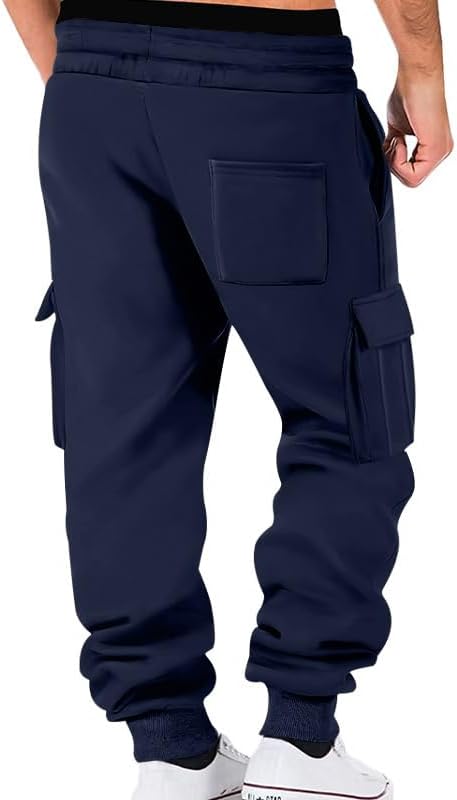 Mens Fleece Cargo Sweatpants Heavyweight Elastic Waist Pants with Pockets Baggy Drawstring Jogger Pants - Image 2