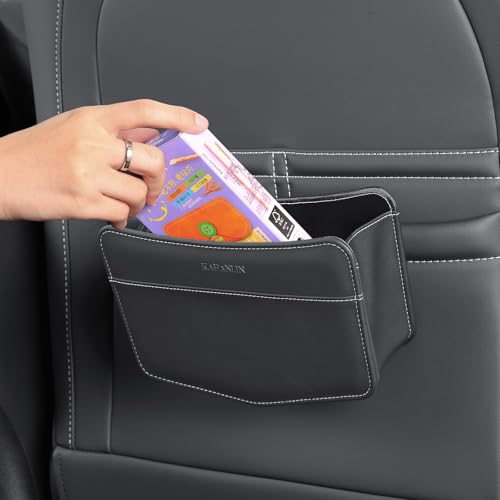 Image of Car Trash Can Small Leather Vehicle Trash Bin Car Dustbin Garbage Organizer Holder with Trash Bag Foldable Mini Cars Storage Bag Container for Auto SUV Van Trucks (Black,Clip on)