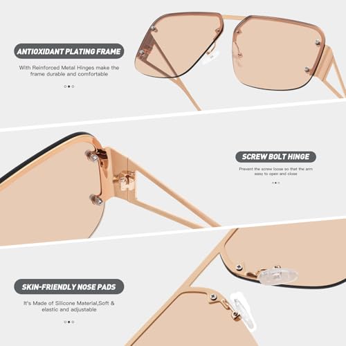 Retro Trendy Aviator Sunglasses Womens Mens Large Oversized Square Sun Glasses Metal Rimless Frame Shades FZN9044