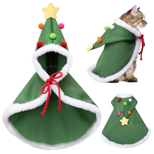 Cat Christmas Cape, Dog Soft Thick Xmas Cloak with Velvet Stars Hat, Pets Christmas Costume Dogs Cats Santa Claus Outfits for Goose Rabbit, S