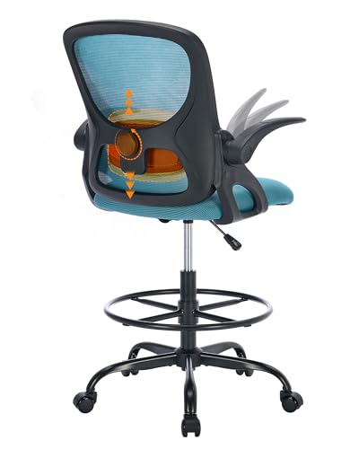 Image of LukkDys Drafting Chair with 4D Multi-Adjustable Backrest, Tall Office Chair 19.7 inch-27.6 inch Seat Height, Ergonomic Standing Desk Chair with Flip-up Arms, Foot Ring, Blue&Black