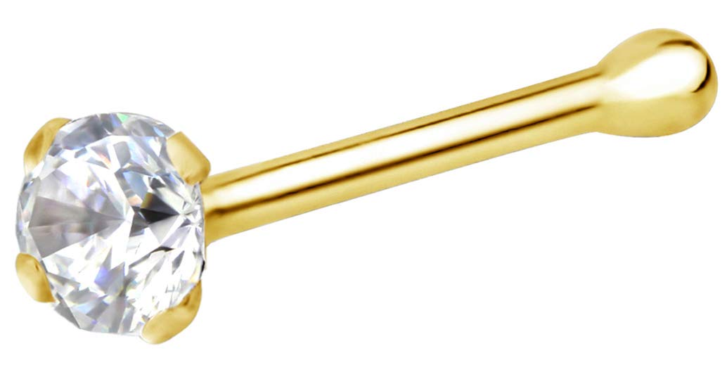 Forbidden Body JewelryFBJ 14k Nose Ring, 22g, Solid 7mm Micro Stud, 2mm CZ Simulated Diamond, Non-Irritating Skin Safe Real Gold, Women/Men (Sold Individually)