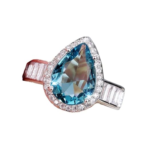 Fashion Waterdrop Pear Shape Cut Aquamarine Gemstone & Baguette CZ Zircon Promise Rings, Bridal Eternity Engagement Wedding Jewelry