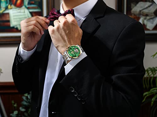 Image of OLEVS Self Winding Watches for Men Automatic Mechanical Skeleton Luxury Dress Waterproof Moon Phase Tourbillon Chronograph Stainless Steel Luminous Wristwatch