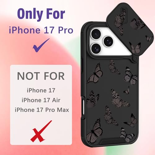Image of Funermei for iPhone 17 Pro Case - Women Girls Cute Phone Cover Pretty Girly Aesthetic Black Butterfly Unique Design with Slide Camera Cover and Dual Protection Funda for iPhone 17 Pro Case