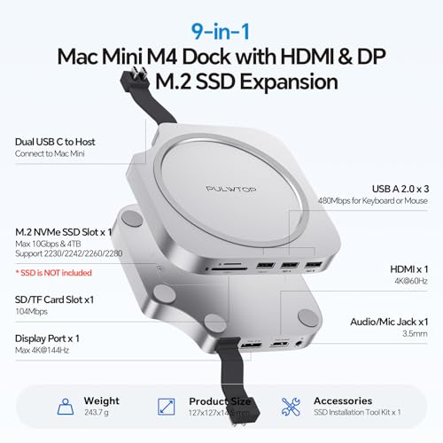 Image of Mac Mini M4 Dock Stand with DP 4K 144Hz & HDMI 4K 60Hz, Mac Mini M4 Pro Hub with 4TB NVMe SSD Enclosure (SSD NOT Included), 3 USB A 2.0, SD /TF 3.0, 3.5mm Audio /Mic, USB C Hub for Mac Mini 2024