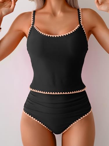 Image of Eomenie Tankini Swimsuit for Women Tummy Control Ruched Two Piece Bathing Suits High Waisted Shell Stitch Swimwear
