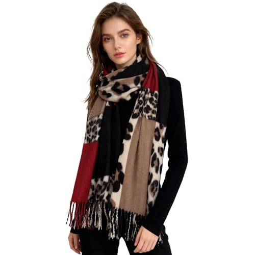 ZCJ Schal Damen Warm Herbst Winter Leopardenmuster - Kaschmir Gefühl Leo Halstuch mit Fransen, Winterschal für Damen als Premium Tuch & Animal Print Schals und Tücher für...