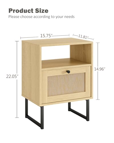 Image of Rattan Nightstand, Boho Night Stand Farmhouse Wood Bedside Table with Storage and Open Shelf, End Side Accent Table for Bedroom,Living Room,Oak