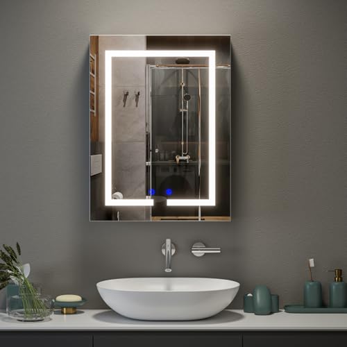 Luxstein Spiegelschrank Bad mit Beleuchtung und Steckdose, 40x60x15cm, Badezimmerschrank mit Spiegel und Verstellbares Regal, Entfogging-Funktion, Wandmontage, Weiß