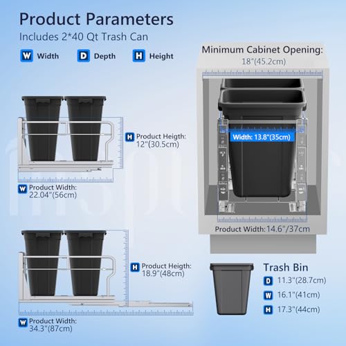 Image of Insputer Double 40QT Pull Out Trash Can Under Cabinet, Heavy Duty Under Sink Garbage Bin Kit with Soft-Close Slides for Kitchen, Laundry, Requires Minimum Cabinets Opening 18 inch W X 24 inch D