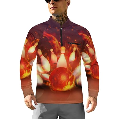Flaming Bowling Ball Bouncing Pins Men's Rash Guard Long Sleeves Quick Dry Fishing Workout Shirts with Zipper
