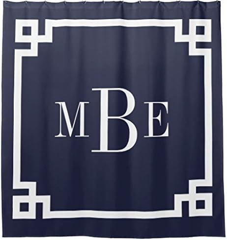 Navy Blue Greek Key Border Monogram Shower Curtain 60 by 72 inch.