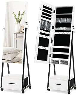 CASART 3-in-1 Jewelry Cabinet, Mobile Cosmetic Jewelry Armoire with Drawer, Full Length Mirror & 4 Wheels, Free Standing Lockable Makeup Storage Organizer for Living Room Dressing Room (White)