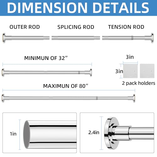 Image of CorkLatta Chrome Shower Curtain Rod,1 Inch Diameter Stainless Steel Adjustable Spring Tension Rods 32 to 80 inch,with Holders,Anti-Slip,Curtain Rods No Drilling(1 Pack)