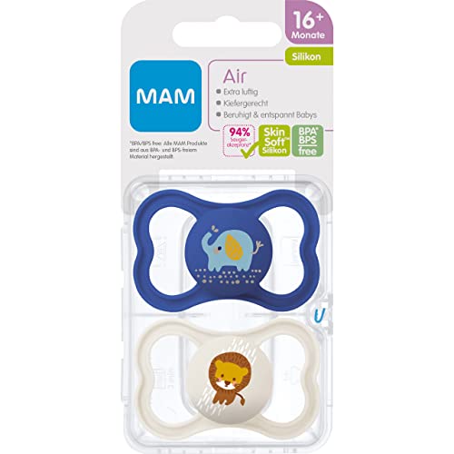MAM Air Silikon Schnuller im 2er-Set, extra leichtes und luftiges Schilddesign, zahnfreundlicher Baby Schnuller aus speziellem MAM SkinSoft Silikon mit Schnullerbox, 16+ Monate, Elefant/Löwe – Bild 3