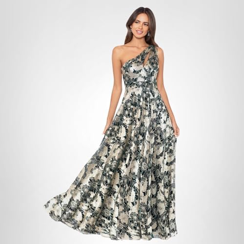 Betsy & Adam Women's Long Sleeveless One Shoulder Metallic Print Gown, Green/Gold, 4 — view 6