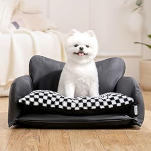 BurgeonNest Cat Couch Bed & Dog Sofa Bed for Small Dogs & Cats up to 15lbs, Double Layer Cushion Extra Comfort, Leather & Plush Material Scatch-Resistant, Waterproof, Black
